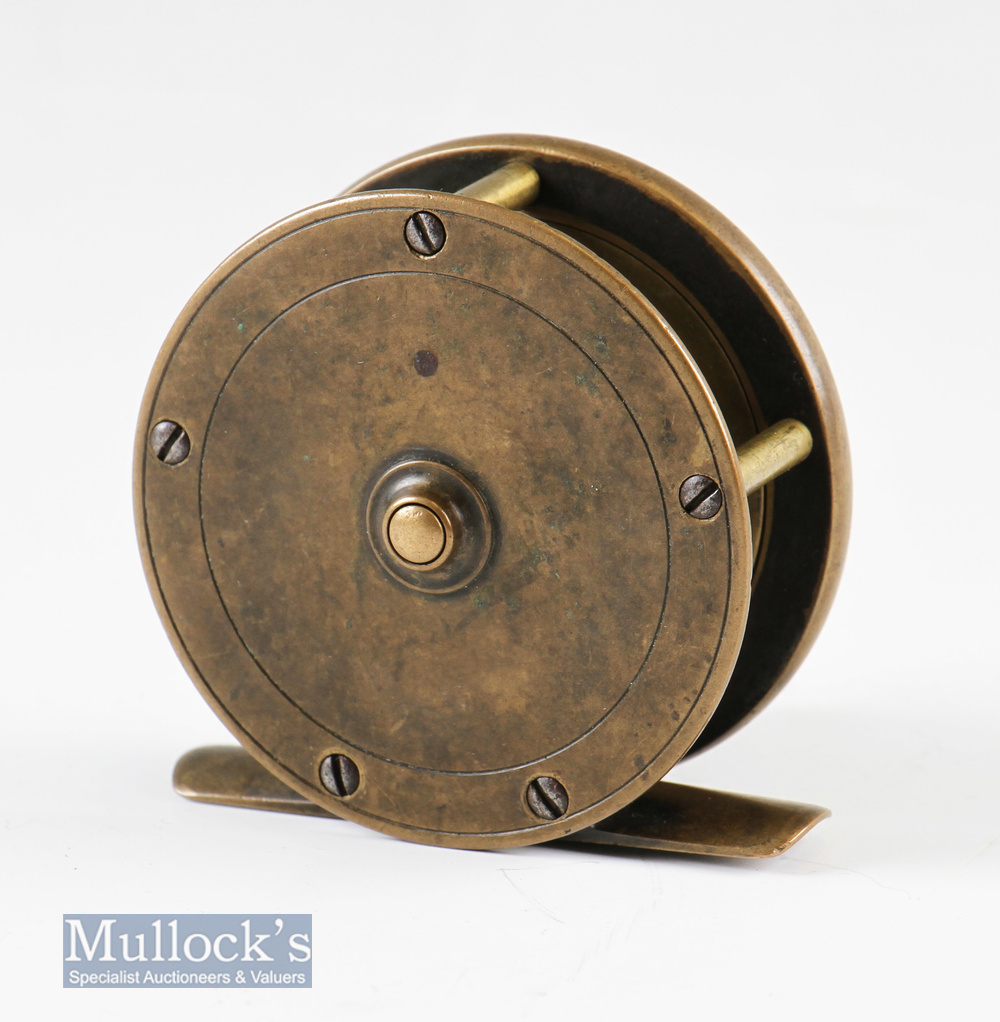 PD Malloch 2 ½” brass plate wind fly reel with maker’s early shield logo to face plate^ five - Image 2 of 2