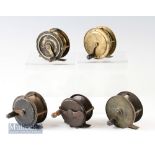 Assorted Selection of Brass fishing reels to include a 2 ½” S. Allcock brass reel a L’Elite Made