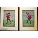 Pair of John Hassall R I original golfing coloured lithographs c1900 – titled “Fore!” and “