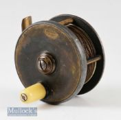 P D Malloch 2 ¾” Sun and Planet brass and alloy reel with five pillars^ 1 ½” crack to backplate^