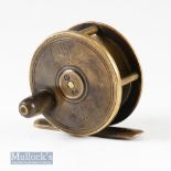 Hardy 2 ¼” brass Birmingham reel with horn handle^ rod in hand and oval trademark stamps to face