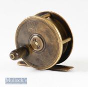 Hardy 2 ¼” brass Birmingham reel with horn handle^ rod in hand and oval trademark stamps to face