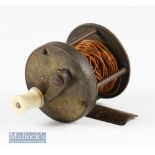 Early un-named 1 7/8” all brass multiplying winch reel measures 1 3/4” wide^ with curved single
