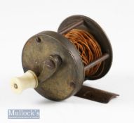 Early un-named 1 7/8” all brass multiplying winch reel measures 1 3/4” wide^ with curved single