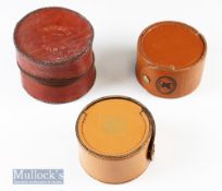 3x Leather reel cases to include a hardy 4 ½” diameter^ another with Marquis Salmon 2 maker 4 ¾”