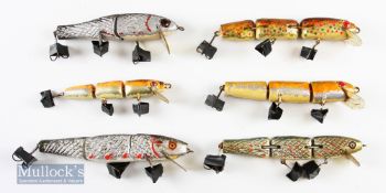 6x Sea Fishing Lures all wiggling examples^ in varying sizes from 4 ½” to 7” examples^ no maker’s
