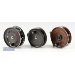 JW Young & Sons ‘Condex’ fly reels including 3 ¼” reel and 3 ½” wide drum reel with line guide^ both