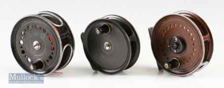 JW Young & Sons ‘Condex’ fly reels including 3 ¼” reel and 3 ½” wide drum reel with line guide^ both