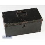 C Farlow Black Japanned fly tying tackle box containing some early fly tying feathers with some