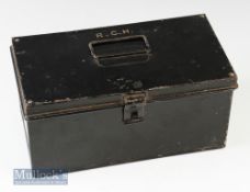 C Farlow Black Japanned fly tying tackle box containing some early fly tying feathers with some