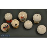 7x various ceramic souvenir and condiment golf balls - to incl Grafton China “Budleigh Salterton”