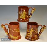 3x early production Dartmouth Pottery Devon Handmade Golfing Tankards: each having relief designs in