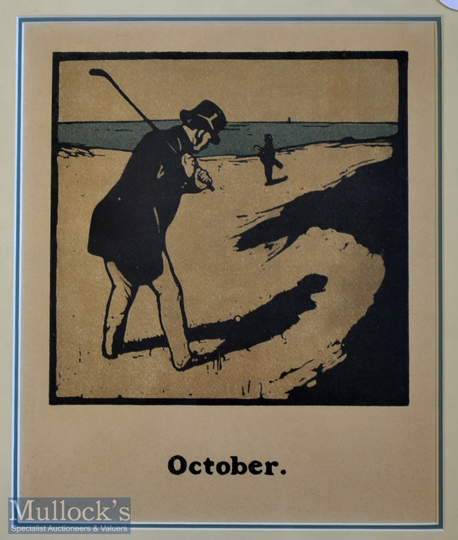 Sir William Nicholson (1872-1949) wood block golfing illustration - from An Almanac of Twelve Sports