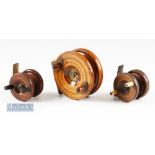 3x Wood Nottingham reels to include 3” Spine back with spring latch and 2x 2” iron strap back