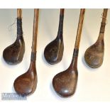 Selection of various size golf club woods (5) – S Wallace large had driver^ W Binnie brassie with