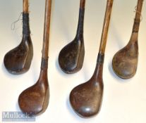 Selection of various size golf club woods (5) – S Wallace large had driver^ W Binnie brassie with