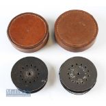 2x Hardy Perfect Spools within leather boxes spools measures 3 1/8” one with line^ the boxes