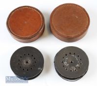 2x Hardy Perfect Spools within leather boxes spools measures 3 1/8” one with line^ the boxes