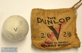 Rare Dunlop V (green) Patent bramble golf ball in makers original golf ball sack – stamped with