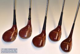 5x Ben Hogan Slazenger Maroon stained persimmon golf woods c1960 – no. 1^2^2^3 & 5 with maroon in