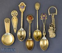 Collection of various silver sterling golfing teaspoons^ tea caddie spoon^ book marker and novelty