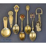 Collection of various silver sterling golfing teaspoons^ tea caddie spoon^ book marker and novelty