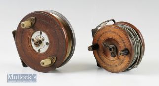 Interesting unnamed Zephyr style alloy and wood 4” centre pin trotting reel with twin handles^