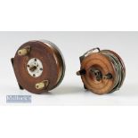 Interesting unnamed Zephyr style alloy and wood 4” centre pin trotting reel with twin handles^