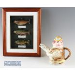 Novelty Angling Teapot and Framed Fishing Display the teapot depicts angler holding fish with rod