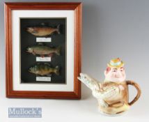 Novelty Angling Teapot and Framed Fishing Display the teapot depicts angler holding fish with rod