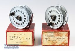 ABU Record Doublé 3 ½” fly reels with perforated face^ smooth foot^ one with broken centre screw^