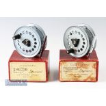 ABU Record Doublé 3 ½” fly reels with perforated face^ smooth foot^ one with broken centre screw^