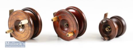 3x Wood and Brass Nottingham reels to include 3” star back with on/off check^ a 3” spine back with