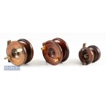 3x Wood and Brass Nottingham reels to include 3” star back with on/off check^ a 3” spine back with