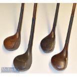 Collection of late scare neck golf club brassies and driver golf woods (4) – W Watt dark stained