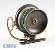 PD Malloch Patent Side casting brass and gun metal reel backplate measures 3 ½” with dark horn
