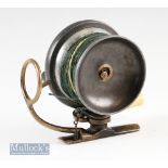 PD Malloch Patent Side casting brass and gun metal reel backplate measures 3 ½” with dark horn