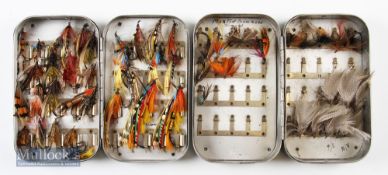 2x early Wheatley alloy fly cases one containing Hardy holdfast clips containing dressed flies^