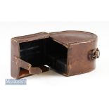 Unnamed Block Leather reel case for 3 ½” fly reel appears in good condition^ measures 4 ¼”x4”x2 ¾”