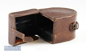 Unnamed Block Leather reel case for 3 ½” fly reel appears in good condition^ measures 4 ¼”x4”x2 ¾”