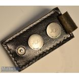 Pair of Silver Golf Ball Markers and leather case: each engraved JCP^ hallmarked Birmingham 1975