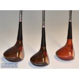 Collection of immaculate Ben Hogan persimmon golf woods (3) – matching no.3 & 5 dark stained