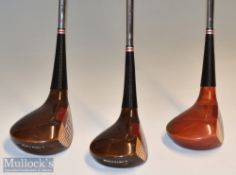 Collection of immaculate Ben Hogan persimmon golf woods (3) – matching no.3 & 5 dark stained