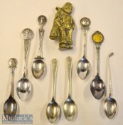 Cast Brass Caddie Golfer Figure and various golfing teaspoons (9): height 9cm^ together with a