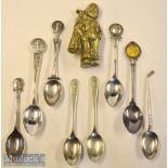 Cast Brass Caddie Golfer Figure and various golfing teaspoons (9): height 9cm^ together with a