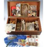 Large Pre-War wooden box containing Fly-tying Accessories includes a large selection of feathers^