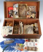 Large Pre-War wooden box containing Fly-tying Accessories includes a large selection of feathers^