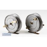 2x Un-named 3 ¾” centrepin reels built by JW Young both twin handle^ one with a lever check^ the