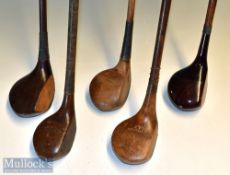 Selection of various small size golf club woods (5) – driver and 3x brassies and Melville Brown