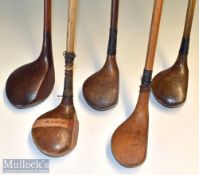 Selection of various size golf club woods (5)- Robertson large head striped top Spoon; J Curran